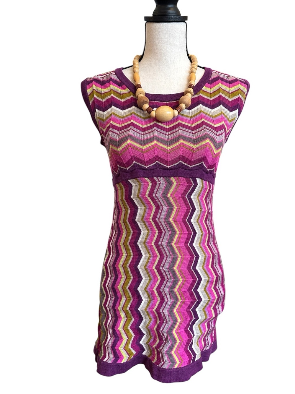 MISSONI Chevron Knit Retro Mod Style Tunic Top | Pink Purple Zigzag | S/M